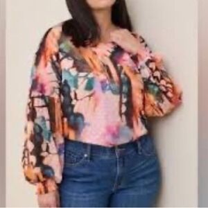 Torrid Chiffon Clip Dot‎ Blouson Sleeve Abstract Print Blouse Multi Size 1 (1X)